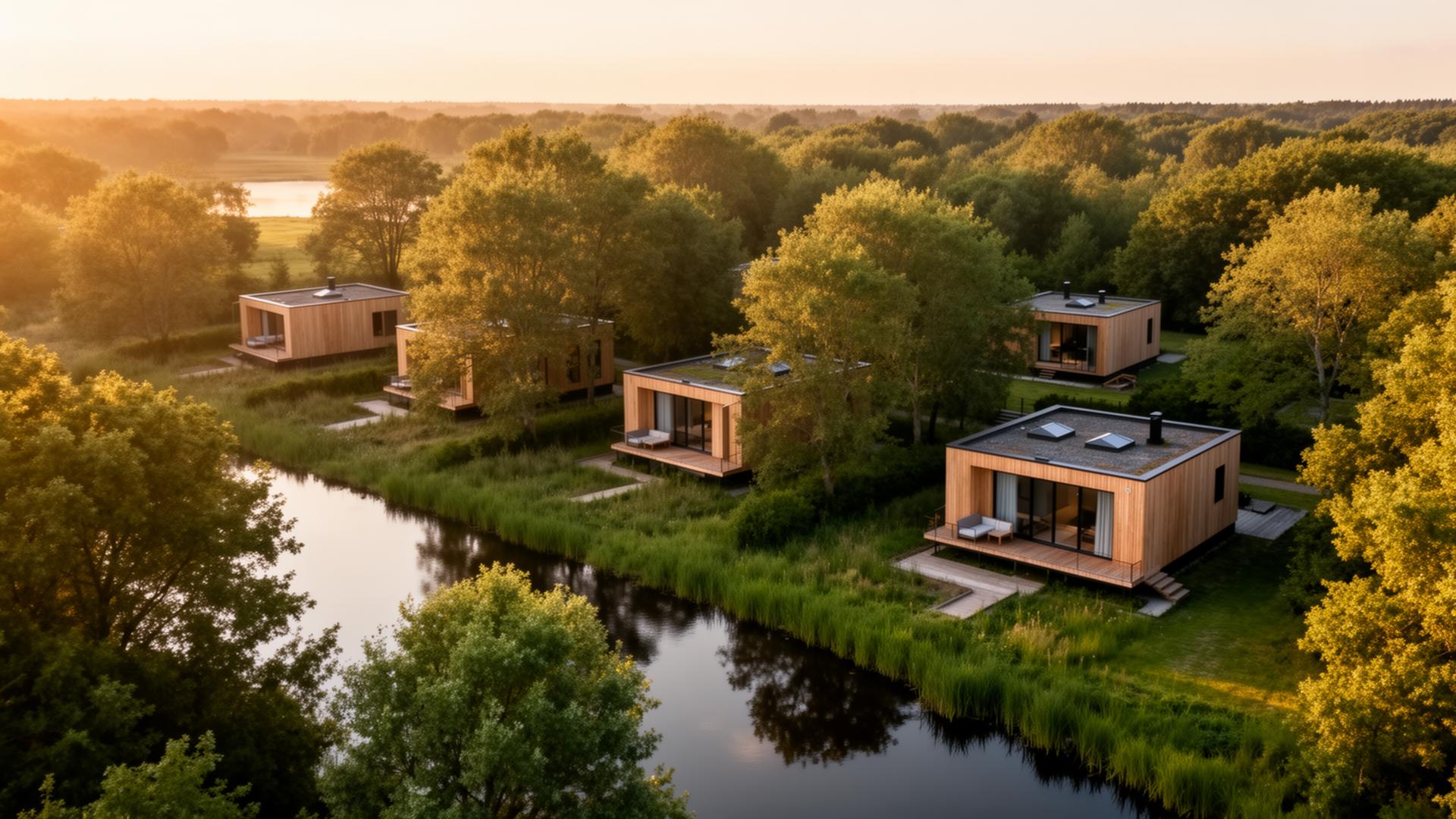 Recreatiewoningen omringd door Nederlandse natuur bij zonsondergang