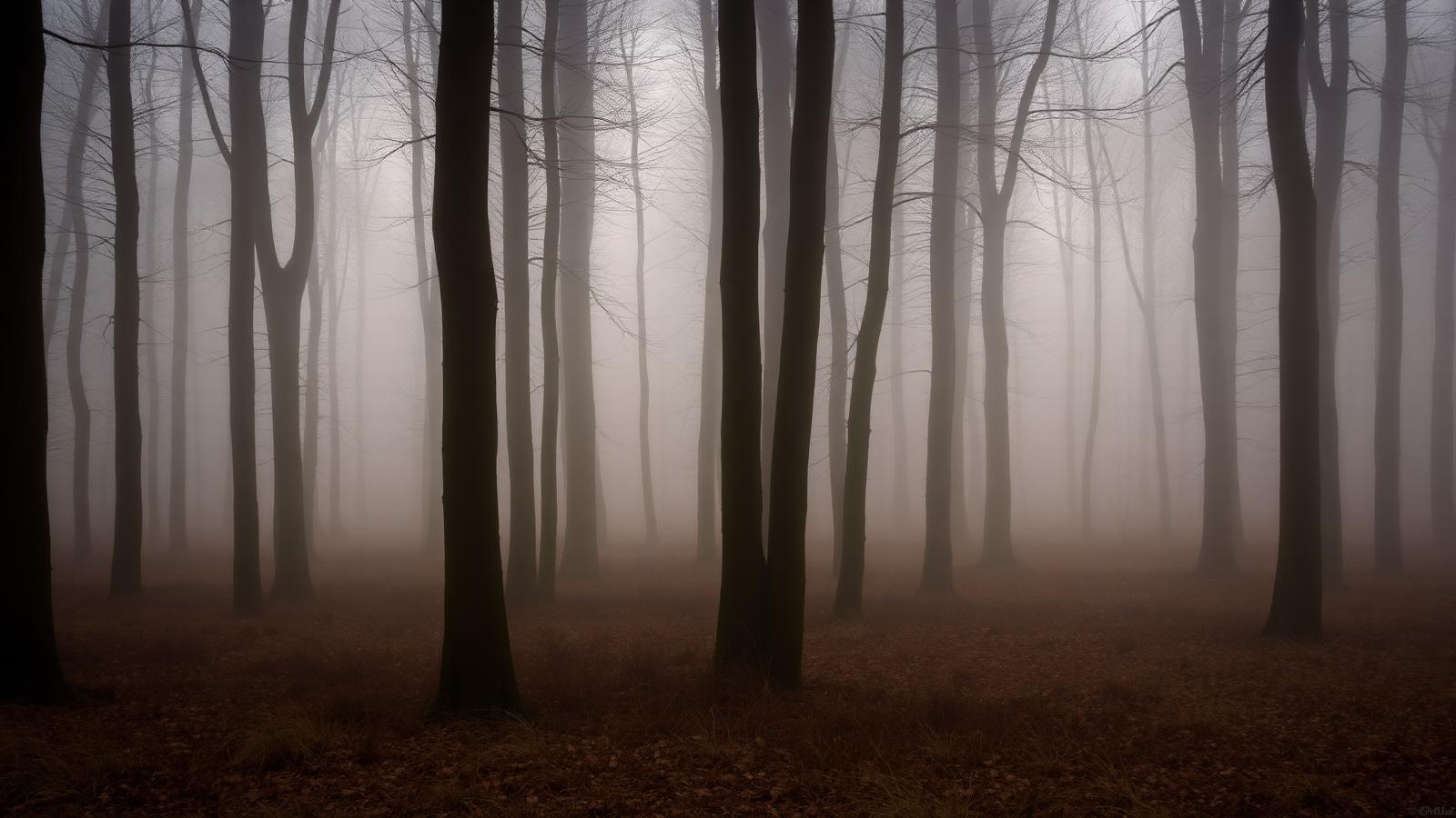 Mistig Nederlands bos in de vroege ochtend
