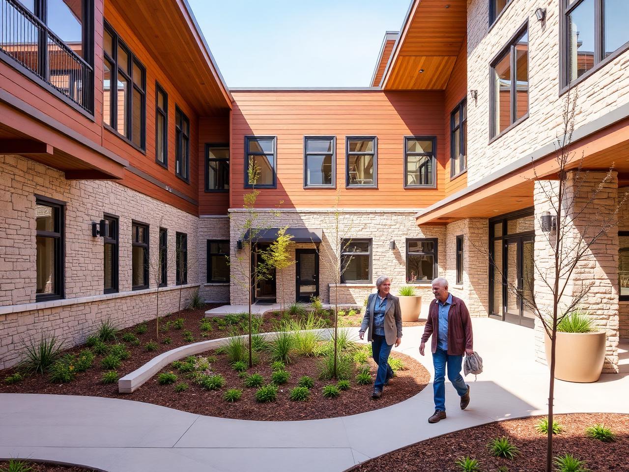 Senior living community met binnentuin en wandelende bewoners
